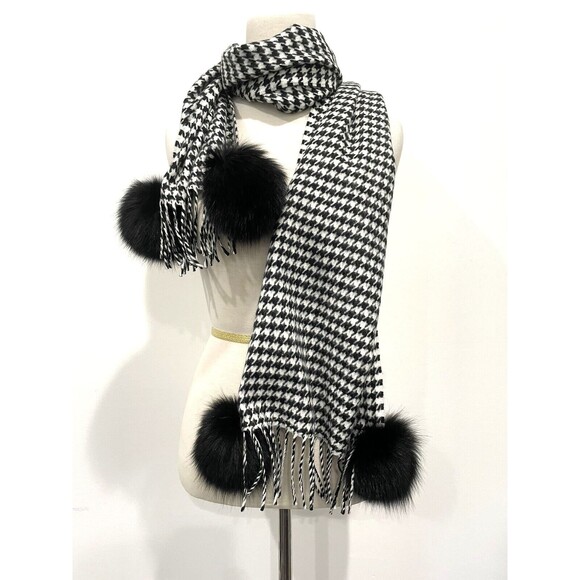 Cashmere Houndstooth Scarf Wrap With Rabbit Fur Pom Pom Bobble Fringe‎